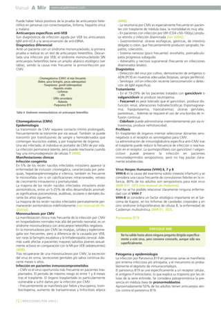 Manual A Mir
72 ] INFECCIONES POR VIRUS [
www.academiamir.com
Puede haber falsos positivos de la prueba de anticuerpos hete-
rófilos en personas con conectivopatías, linfoma, hepatitis vírica
y malaria.
Anticuerpos específicos anti-VEB
Son diagnósticos de infección aguda por VEB los anticuerpos
IgM anti-VCA y la seroconversión de anti-EBNA.
Diagnóstico diferencial
Ante un paciente con un síndrome mononucleósido, la primera
prueba a realizar es un test de anticuerpos heterófilos. Descar-
tada una infección por VEB, el síndrome mononucleósido SIN
anticuerpos heterófilos tiene un amplio abánico etiológico (ver
tabla), siendo la causa más frecuente la primoinfección por
CMV.
Citomegalovirus (CMV)
Epidemiología
La transmisión de CMV requiere contacto íntimo prolongado,
frecuentemente se transmite por vía sexual. También se puede
transmitir por transfusiones de sangre y hemoderivados que
contengan leucocitos viables, y por trasplantes de órganos.
Una vez infectado, el individuo es portador de CMV de por vida.
La infección permanece latente, pero puede reactivarse cuando
hay una inmunodepresión de células T (MIR).
Manifestaciones clínicas
Infección congénita
En 5% de los recién nacidos infectados intraútero aparece la
enfermedad de inclusión citomegálica, caracterizada por pete-
quias, hepatoesplenomegalia e ictericia; también es frecuente
la microcefalia con o sin calcificaciones intracraneales, retraso
de crecimiento intrauterino y prematuridad.
La mayoría de los recién nacidos infectados intraútero están
asintomáticos, entre un 5-25% de ellos desarrollarán anomalí-
as significativas psicomotoras, auditivas, oculares o dentales du-
rante los años siguientes.
La mayoría de los recién nacidos infectados perinatalmente per-
manecerán asintomáticos indefinidamente (ver manual de Pe-
diatría).
Mononucleosis por CMV
La manifestación clínica más frecuente de la infección por CMV
en hospedadores normales más allá del período neonatal, es un
síndrome mononucleósico con anticuerpos heterófilos negativos.
En la mononucleosis por CMV las mialgias, cefalea y esplenome-
galia son frecuentes, pero a diferencia de la causada por VEB,
son raras la faringitis exudativa y la linfadenopatía cervical. Ade-
más suele afectar a pacientes mayores (adultos jóvenes sexual-
mente activos) en comparación con la MI por VEB (adolescentes)
(MIR).
Tras recuperarse de una mononucleosis por CMV, la excreción
del virus en orina, secreciones genitales y/o saliva continua du-
rante meses o años.
Infección en pacientes inmunocomprometidos
- CMV es el virus oportunista más frecuente en pacientes tras-
plantados. El período de máximo riesgo es entre 1 y 4 meses
tras el trasplante. El órgano trasplantado es particularmente
vulnerable a sufrir daños por la infección por CMV.
- Frecuentemente se manifiesta por fiebre y leucopenia, trom-
bocitopenia, aumento de transaminasas y linfocitosis atípica
(MIR).
- La neumonía por CMV es especialmente frecuente en pacien-
tes con trasplante de médula ósea; la mortalidad es muy alta.
- En pacientes con infección por VIH (CD4 <50-100/µL) produ-
ce retinitis o infección diseminada (ver SIDA).
- Gastrointestinal: úlceras esofágicas, gástricas, de intestino
delgado o colon, que frecuentemente producen sangrado; he-
patitis, colecistitis.
- Sistema nervioso (poco frecuente): encefalitis, polirradiculo-
patía progresiva subaguda.
- Adrenalitis y necrosis suprarrenal (frecuente en infecciones
diseminados letales).
Diagnóstico
- Detección del virus por cultivo, demostración de antígenos o
ADN (PCR) en muestras adecuadas (biopsias, sangre periférica).
- Serología: útil en infección reciente (seroconversión o detec-
ción de IgM específica).
Tratamiento
- En el 19-29% de los pacientes tratados con ganciclovir o
valganciclovir se produce neutropenia.
- Foscarnet es peor tolerado que el ganciclovir, produce dis-
función renal, alteraciones hidroelectrolíticas (hipomagnese-
mia, hipopotasemia, hipocalcemia), úlceras genitales,
parestesias... Además se requiere el uso de una bomba de in-
fusión continua.
- Cidofovir puede administrarse intermitentemente por vía in-
travenosa, produce nefrotoxicidad.
Profilaxis
En trasplantes de órganos intentar seleccionar donantes sero-
negativos si el receptor es seronegativo para CMV.
La administración de inmunoglobulina específica anti-CMV tras
el trasplante puede reducir la frecuencia de infección o reactiva-
ción en el receptor. La quimioprofilaxis con ganciclovir / valgan-
ciclovir puede prevenir la infección en pacientes
inmunodeprimidos seropositivos, pero no hay pautas clara-
mente establecidas.
Virus Herpes Humanos (VHH) 6, 7 y 8
VHH-6 es la causa del exantema súbito (roseola infantum) y se
considera una causa frecuente de convulsiones febriles en la in-
fancia. 80% de los adultos son seropositivos para este virus
(MIR 01F, 187) (ver manual de Pediatría).
Aún no se ha podido relacionar claramente ninguna enferme-
dad con el VHH-7.
VHH-8 se considera un factor etiológico importante en el Sar-
coma de Kaposi, en los linfomas de cavidades corporales y en
otro síndrome linfoproliferativo de células B, la enfermedad de
Castleman multicéntrica (MIR 01, 102).
Parvovirus B19
Patogenia y epidemiología
La infección por Parvovirus B19 en personas sanas se manifiesta
por eritema infeccioso y/o artropatía, y el mecanismo es proba-
blemente el depósito de inmunocomplejos.
El parvovirus B19 se une específicamente a un receptor celular,
el antígeno P eritrocitario, lo que explica su tropismo por las cé-
lulas de la serie eritroide. Se considera patognomónica la pre-
sencia en médula ósea de pronormoblastos.
Aproximadamente 50% de los adultos tienen anticuerpos séri-
cos contra el parvovirus B19.
- Citomegalovirus (CMV): el más frecuente
(fiebre, poca faringitis, pocas adenopatías)
- Toxoplasma gondii (adenopatías)
- Hepatitis virales
- Linfomas
- VIH
- Sífilis secundaria
- Rubeola
- Parpovirus B19
Tabla 4. Síndromes mononucleósicos sin anticuerpos heterófilos.
No ha salido hasta ahora ninguna pregunta dirigida específica-
mente a este virus, pero conviene conocerlo, aunque sólo sea
superficialmente.
ENFOQUE MIR
 