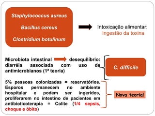 Staphylococcus aureus 
Bacillus cereus 
Clostridium botulinum 
Intoxicação alimentar: 
Ingestão da toxina 
Microbiota intestinal desequilíbrio: 
diarréia associada com uso de 
antimicrobianos (1ª teoria) 
5% pessoas colonizadas = reservatórios. 
Esporos permanecem no ambiente 
hospitalar e podem ser ingeridos, 
proliferarem no intestino de pacientes em 
antibioticoterapia = Colite (1/4 sepsis, 
choque e óbito) 
C. difficile 
Nova teoria! 
 