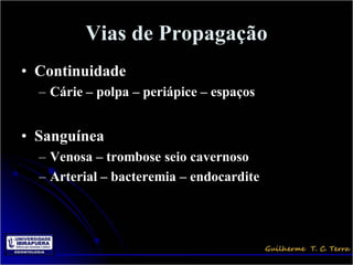 Vias de Propagação
• Continuidade
  – Cárie – polpa – periápice – espaços


• Sanguínea
  – Venosa – trombose seio cavernoso
  – Arterial – bacteremia – endocardite
 