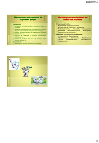 08/06/2014
3
Mecanismos microbianos de
agressão pulpar
 Efeitos diretos
 Competitivo: competição entre os mo e o tecido pulpar pro
nutrientes;
 Mecânico: colônias bacterianas que pressionam e obliteram
os vasos sanguíneos com redução do fluxo de sangue;
 Químico: produtos derivados do metabolismo microbiano
(amônia, indol,...)
 Produção de exotoxinas e enzimas: hialuronidases,
fosfolipases, etc.
 Fatores de virulência dos mo: LPS, fímbrias, ácidos
teicóicos, capsula, etc.
 Efeitos indiretos
 Mediados pela resposta inflamatória do hospedeiro
Micro-organismos isolados de
infecções pulpares
 Infecções primárias:
 geralmente são polimicrobianas
 predomínio de anaeróbios e facultatitvos
 Porphyromomas, Prevotella, Fusobacterium,
Treponema, Peptoestreptococcus, Actinomyces,
Eubacterium, Campylobacter,....
 Infecções secundárias ou persistentes:
 Predomínio de Gram positivos
 Enterococcus, Actinomyces, Streptococcus,
Candida, Propionibacterium, Staphylococcus,
Pseudomonas,...
 