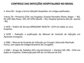  Anos 60 – Surge o termo Infecção Hospitalar, em artigos publicados.
Anos 70 – Primeiras CCIH, nos hospitais: Ernesto Dornelles (Porto Alegre – RS),
HC-USP (São Paulo –SP), HC-UFPe (Recife – Pe), Hospital Ipanema (Rio de Janeiro
–RJ).
1976 – Ordem de Serviço MPAS/SAM 3924/76 : CCIH em todos os seus
hospitais.
 1978 – Tradução e publicação do Manual de Controle de Infecção em
Pacientes Cirúrgicos.
1982 – Manual de Controle de Infecção em Cirurgia. Edmundo Machado
Ferraz, com apoio do Colégio Brasileiro de Cirurgiões.
1983 – Grupo de Trabalho (GT) interministerial -> Portaria MS 196 : CCIH em
todos os hospitais. Elaboração pelo MS de um Manual de CIH.
CONTROLE DAS INFECÇÕES HOSPITALARES NO BRASIL
 