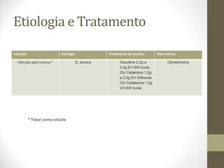 Etiologia e Tratamento

Infecção                      Etiologia               Tratamento de escolha      Alternativas

  Infecção após trauma *                  S. aureus         Oxacilina 2,0g a           Clindamicina
                                                            3,0g EV 6/6 horas
                                                            OU Cefalotina 1,0g
                                                            a 2,0g EV 6/6horas
                                                            OU Cefalexina 1,0g
                                                            VO 6/6 horas




           * Tratar como celulite
 