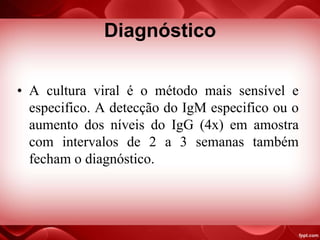 Diagnóstico
• A cultura viral é o método mais sensível e
especifico. A detecção do IgM especifico ou o
aumento dos níveis do IgG (4x) em amostra
com intervalos de 2 a 3 semanas também
fecham o diagnóstico.
 
