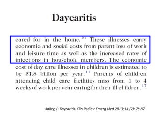 Bailey, P. Daycaritis. Clin Pediatr Emerg Med 2013; 14 (2): 79-87
 