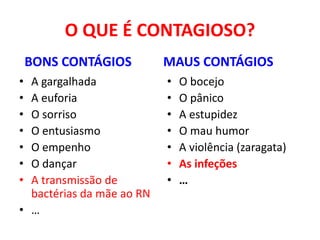O QUE É CONTAGIOSO?
• A gargalhada
• A euforia
• O sorriso
• O entusiasmo
• O empenho
• O dançar
• A transmissão de
bactérias da mãe ao RN
• …
• O bocejo
• O pânico
• A estupidez
• O mau humor
• A violência (zaragata)
• As infeções
• …
BONS CONTÁGIOS MAUS CONTÁGIOS
 