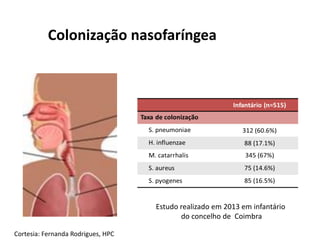 Colonização nasofaríngea
Estudo realizado em 2013 em infantário
do concelho de Coimbra
Cortesia: Fernanda Rodrigues, HPC
 