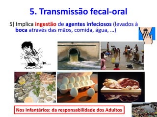 5) Implica ingestão de agentes infeciosos (levados à
boca através das mãos, comida, água, …)
5. Transmissão fecal-oral
Nos Infantários: da responsabilidade dos Adultos
 