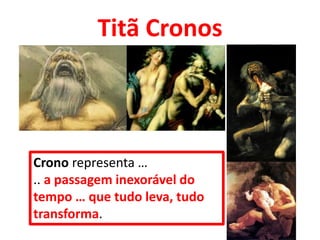 Titã Cronos
Crono representa …
.. a passagem inexorável do
tempo … que tudo leva, tudo
transforma.
 