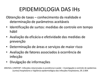 EPIDEMIOLOGIA DAS IHsObtenção de taxas – conhecimento da realidade e determinação de parâmetros aceitáveisIdentificação de surtos: medidas de controle em tempo hábilAvaliação da eficácia e efetividade das medidas de prevençãoDeterminação de áreas e serviços de maior riscoAvaliação de fatores associados à ocorrência de infecçãoDivulgação de informaçõesANVISA e UNIFESP– Infecções relacionadas à assistência à saúde – Investigação e controle de epidemias (surtos) hospitalares e Vigilância epidemiológica das infecções hospitalares, SP, 2.004