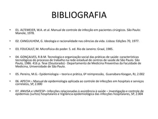 BIBLIOGRAFIA01. ALTEMEIER, W.A. et al. Manual de controle de infecção em pacientes cirúrgicos. São Paulo: Manole, 1978. 02. CANGUILHEM, G. Ideologia e racionalidade nas ciências da vida. Lisboa: Edições 70, 1977. 03. FOUCAULT, M. Microfísica do poder. 5. ed. Rio de Janeiro: Graal, 1985.04. GONÇALVES, R.B.M. Tecnologia e organização social das práticas de saúde: características tecnológicas do processo de trabalho na rede estadual de centros de saúde de São Paulo. São Paulo, 1986. 416 p. Tese (Doutorado) - Departamento de Medicina Preventiva da Faculdade de Medicina, Universidade de São Paulo.05. Pereira, M.G.- Epidemiologia – teoria e prática, 6ª reimpressão,  Guanabara Koogan, RJ, 2.00206. APECIH – Manual de epidemiologia aplicada ao controle de infecções em hospitais e serviços correlatos, SP, 2.00007. ANVISA e UNIFESP– Infecções relacionadas à assistência à saúde – Investigação e controle de epidemias (surtos) hospitalares e Vigilância epidemiológica das infecções hospitalares, SP, 2.004