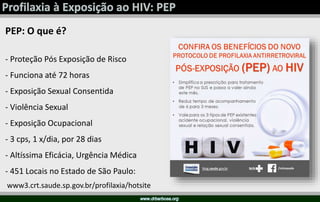 PEP: O que é?
- Proteção Pós Exposição de Risco
- Funciona até 72 horas
- Exposição Sexual Consentida
- Violência Sexual
- Exposição Ocupacional
- 3 cps, 1 x/dia, por 28 dias
- Altíssima Eficácia, Urgência Médica
- 451 Locais no Estado de São Paulo:
www3.crt.saude.sp.gov.br/profilaxia/hotsite
 