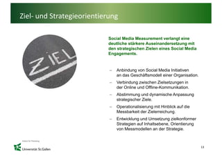 Ziel‐ und Strategieorientierung

                           Social Media Measurement verlangt eine
                                                            g
                           deutliche stärkere Auseinandersetzung mit
                           den strategischen Zielen eines Social Media
                           Engagements.


                            −   Anbindung von Social Media Initiativen
                                an das Geschäftsmodell einer Organisation.
                            −   Verbindung zwischen Zielsetzungen in
                                der Online und Offline-Kommunikation.
                            −   Abstimmung und dynamische Anpassung
                                           g        y       p     g
                                strategischer Ziele.
                            −   Operationalisierung mit Hinblick auf die
                                Messbarkeit der Zielerreichung.
                            −   Entwicklung und Umsetzung zielkonformer
                                Strategien auf Inhaltsebene, Orientierung
                                von Messmodellen an der Strategie.



                                                                             13
 