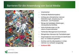 Barrieren für die Anwendung von Social Media

                          −   Unsicherheit
                          −   Fehlende Medienkompetenz
                              F hl d M di k       t
                          −   Umfang der erforderlichen internen
                              Veränderungen, Anpassung von
                              Strukturen und Prozessen
                          −   Menge der beteiligten Abteilungen,
                              mikropolitische Konflikte
                          −   Hohe Anforderungen an die
                              interne Zusammenarbeit
                          −   Fehlendes Management-Commitment
                          −   Mangelndes Interesse der Fachabteilungen
                          −   Organisationen sind mit Inbound überfordert
                              bzw. nur Outbound gewohnt
                          −   Zuhören als G dk
                              Z hö     l Grundkompetenz in U t
                                                    t   i Unter-
                              nehmen nur schwach ausgeprägt
                          −   Unklarer ROI



                                                                            7
 