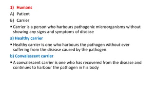1) Humans
A) Patient
B) Carrier
 Carrier is a person who harbours pathogenic microorganisms without
showing any signs and symptoms of disease
a) Healthy carrier
 Healthy carrier is one who harbours the pathogen without ever
suffering from the disease caused by the pathogen
b) Convalescent carrier
 A convalescent carrier is one who has recovered from the disease and
continues to harbour the pathogen in his body
 