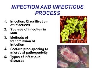 INFECTION AND INFECTIOUS
PROCESS
1. Infection. Classification
of infections
2. Sources of infection in
Man
3. Methods of
transmission of
infection
4. Factors predisposing to
microbial pathogenicity
5. Types of infectious
diseases
 