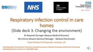 Respiratory infection control in care
homes
(Slide deck 3: Changing the environment)
Dr Roxaneh Zarnegar (Deputy Medical Director)
Mrs Emma Stewart (General Manager - Medical Directorate)
Royal National Orthopaedic Hospital, UK
RNOH - 5/05/2020
1
Including slides from Infection Prevention Society Coronavirus Infection Prevention and Control for Nursing
and Residential Care Version 1.2. 8/5/2020 slides
 