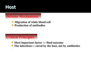 Defense Mechanisms



Migration of white blood cell
Production of antibodies

Critical Principles



Most important factor --- final outcome
The infections--- cured by the host, not by antibiotics

 
