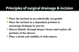 Place the incision in an esthetically acceptable
 Place the incision in a dependent position to
encourage drainage by gravity
 Dissect bluntly through deeper tissues and explore all
portions of the abscess
 Place a drain and stabilize it with sutures


 