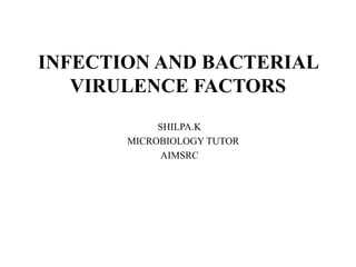 INFECTION AND BACTERIAL
VIRULENCE FACTORS
SHILPA.K
MICROBIOLOGY TUTOR
AIMSRC
 