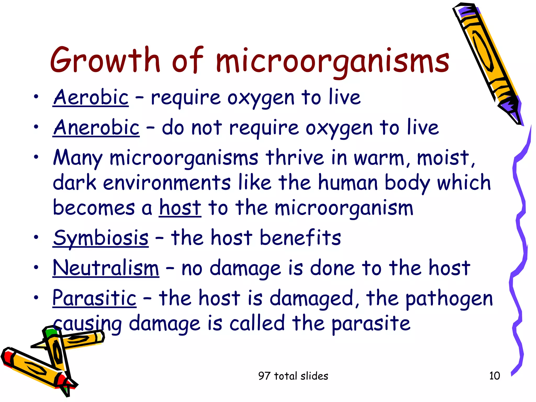 97 total slides 10
Growth of microorganisms
• Aerobic – require oxygen to live
• Anerobic – do not require oxygen to live
• Many microorganisms thrive in warm, moist,
dark environments like the human body which
becomes a host to the microorganism
• Symbiosis – the host benefits
• Neutralism – no damage is done to the host
• Parasitic – the host is damaged, the pathogen
causing damage is called the parasite
 