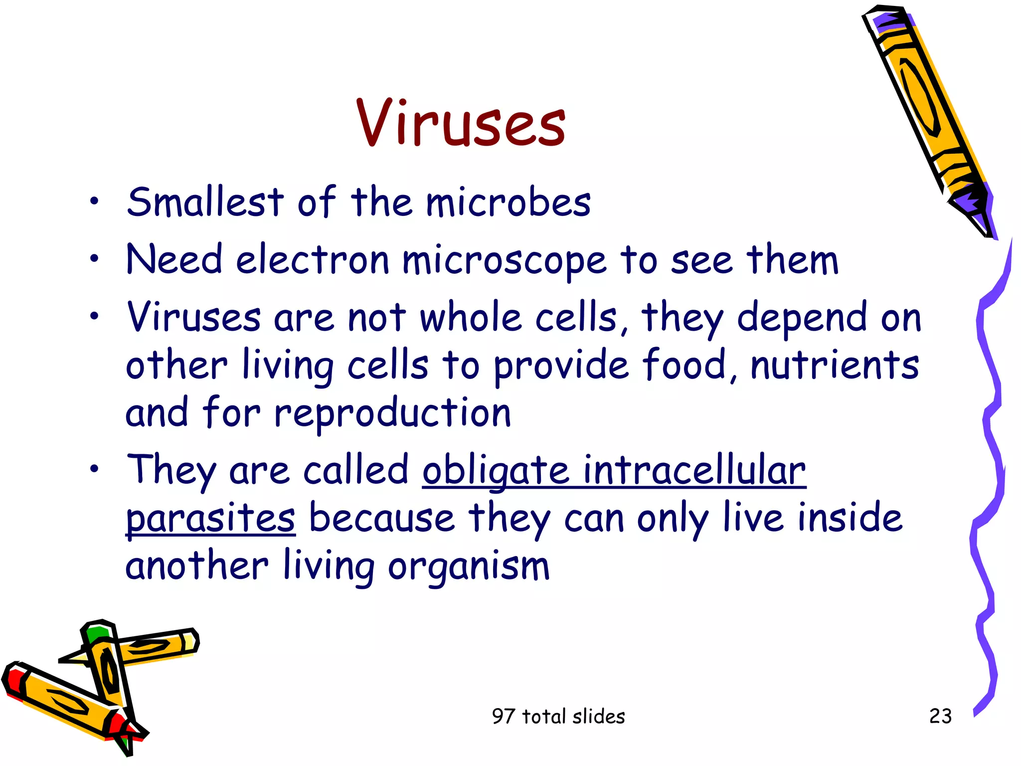 97 total slides 23
Viruses
• Smallest of the microbes
• Need electron microscope to see them
• Viruses are not whole cells, they depend on
other living cells to provide food, nutrients
and for reproduction
• They are called obligate intracellular
parasites because they can only live inside
another living organism
 