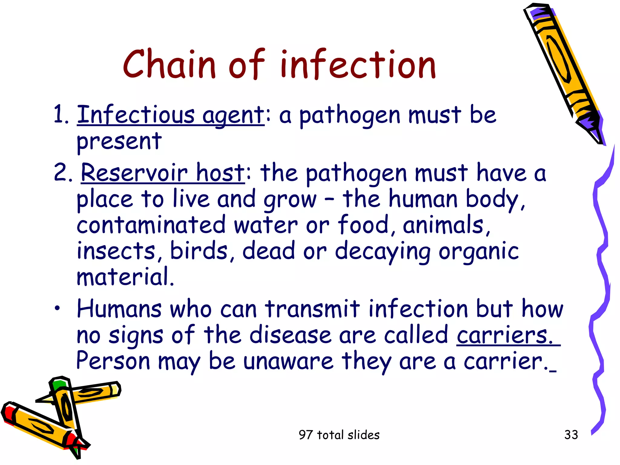 97 total slides 33
Chain of infection
1. Infectious agent: a pathogen must be
present
2. Reservoir host: the pathogen must have a
place to live and grow – the human body,
contaminated water or food, animals,
insects, birds, dead or decaying organic
material.
• Humans who can transmit infection but how
no signs of the disease are called carriers.
Person may be unaware they are a carrier.
 