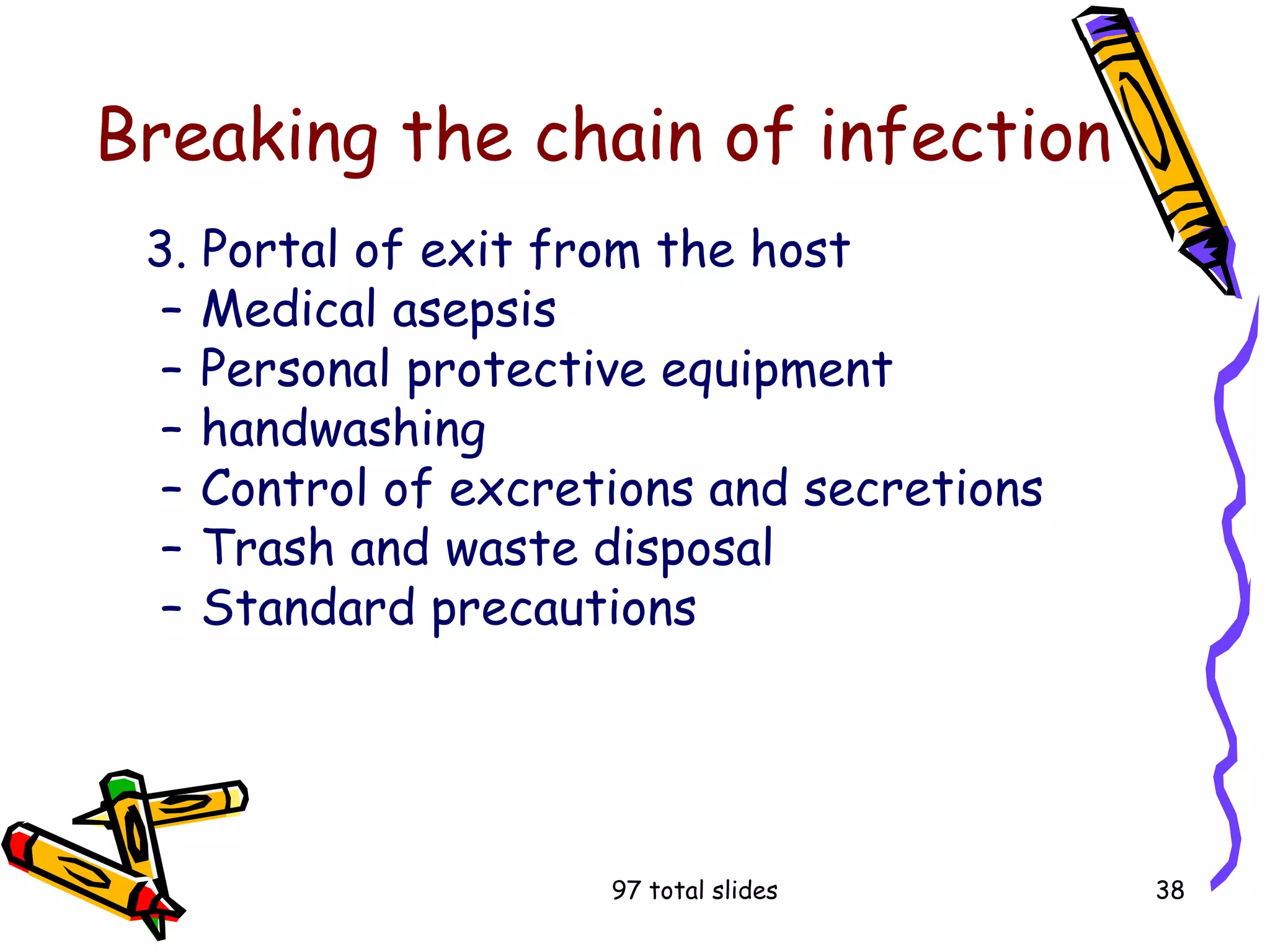 97 total slides 38
Breaking the chain of infection
3. Portal of exit from the host
– Medical asepsis
– Personal protective equipment
– handwashing
– Control of excretions and secretions
– Trash and waste disposal
– Standard precautions
 