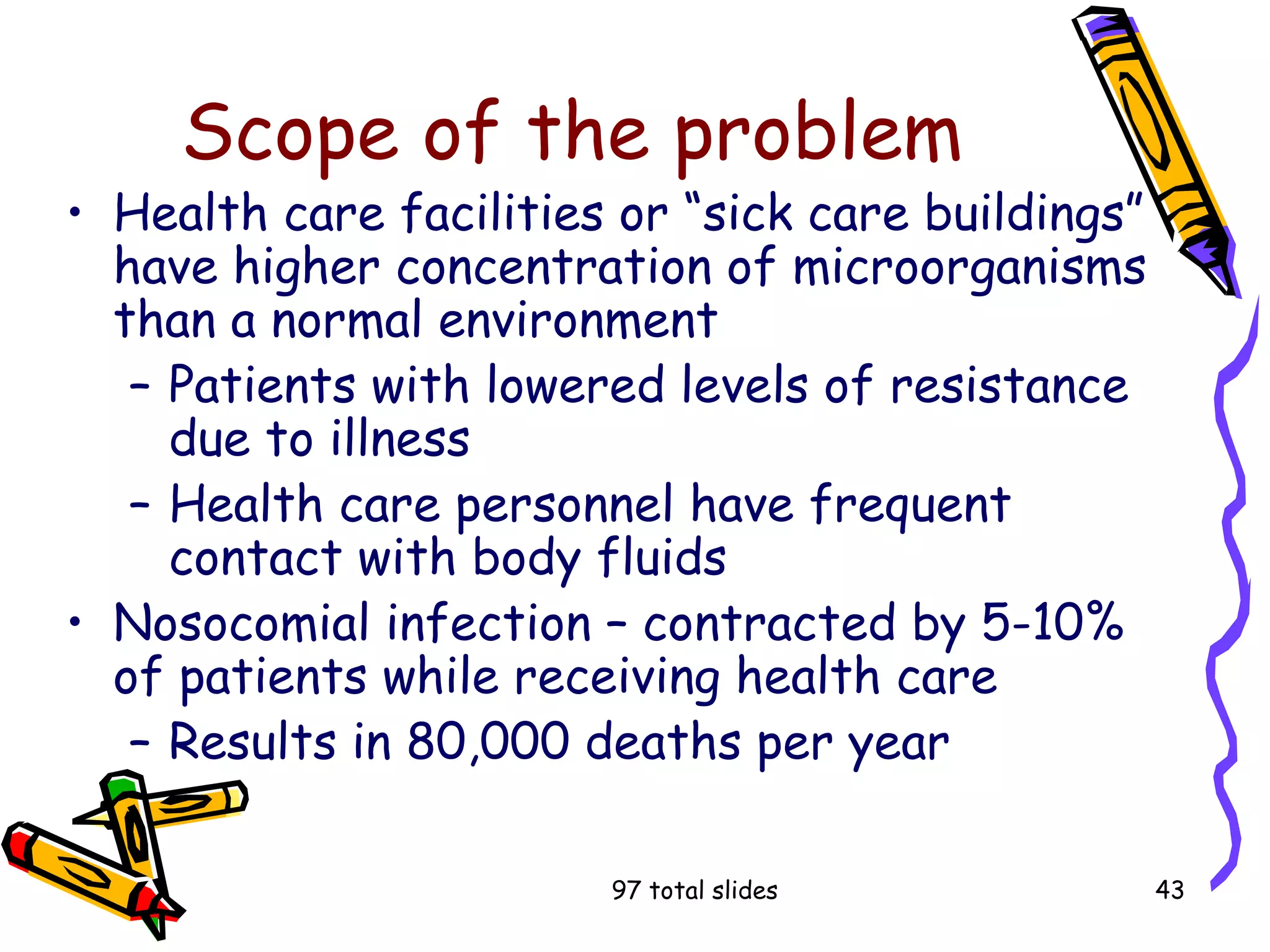97 total slides 43
Scope of the problem
• Health care facilities or “sick care buildings”
have higher concentration of microorganisms
than a normal environment
– Patients with lowered levels of resistance
due to illness
– Health care personnel have frequent
contact with body fluids
• Nosocomial infection – contracted by 5-10%
of patients while receiving health care
– Results in 80,000 deaths per year
 