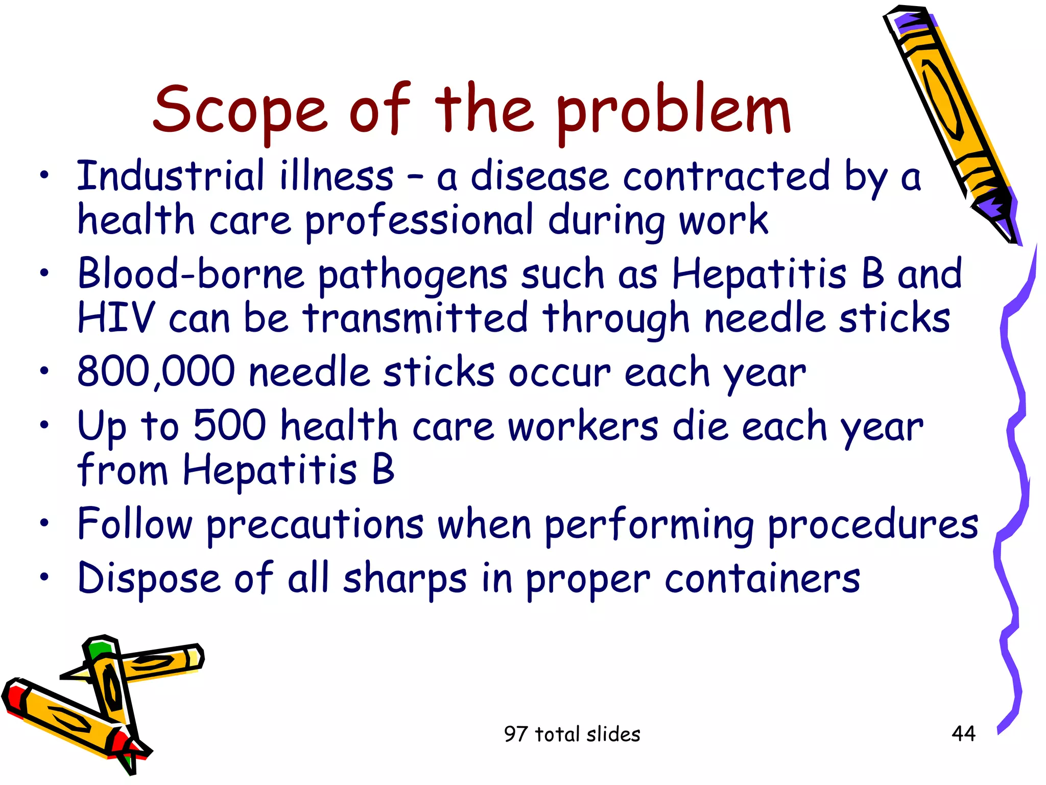 97 total slides 44
Scope of the problem
• Industrial illness – a disease contracted by a
health care professional during work
• Blood-borne pathogens such as Hepatitis B and
HIV can be transmitted through needle sticks
• 800,000 needle sticks occur each year
• Up to 500 health care workers die each year
from Hepatitis B
• Follow precautions when performing procedures
• Dispose of all sharps in proper containers
 