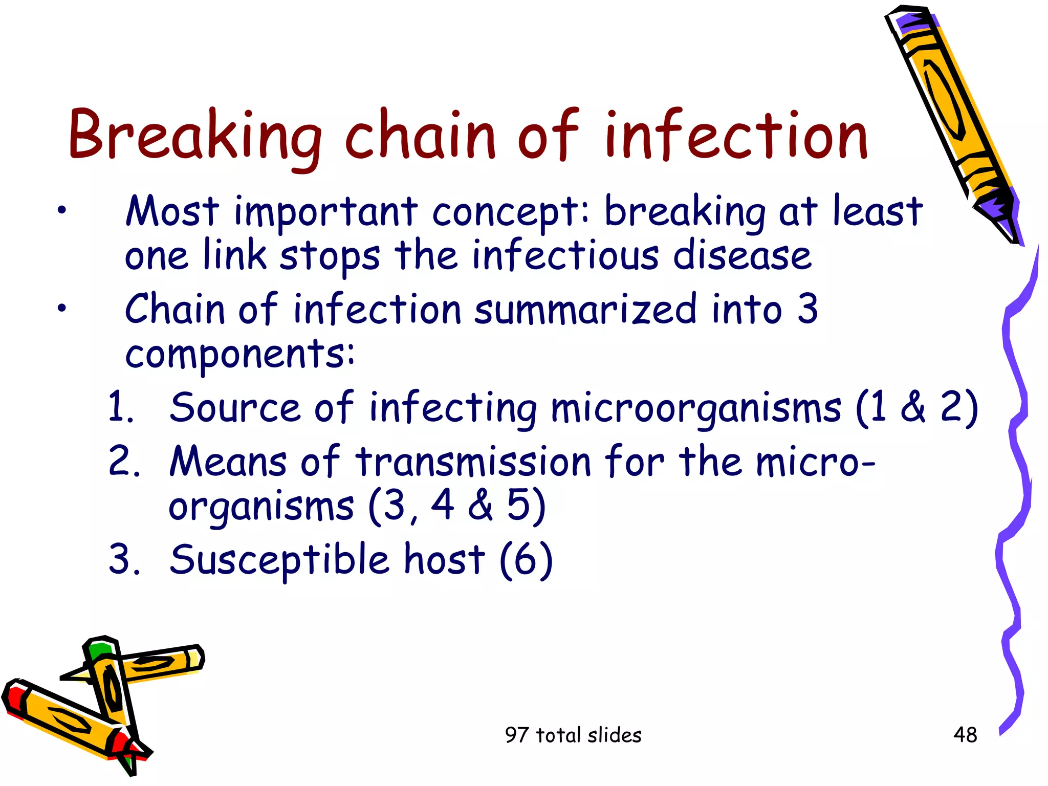 97 total slides 48
Breaking chain of infection
• Most important concept: breaking at least
one link stops the infectious disease
• Chain of infection summarized into 3
components:
1. Source of infecting microorganisms (1 & 2)
2. Means of transmission for the micro-
organisms (3, 4 & 5)
3. Susceptible host (6)
 