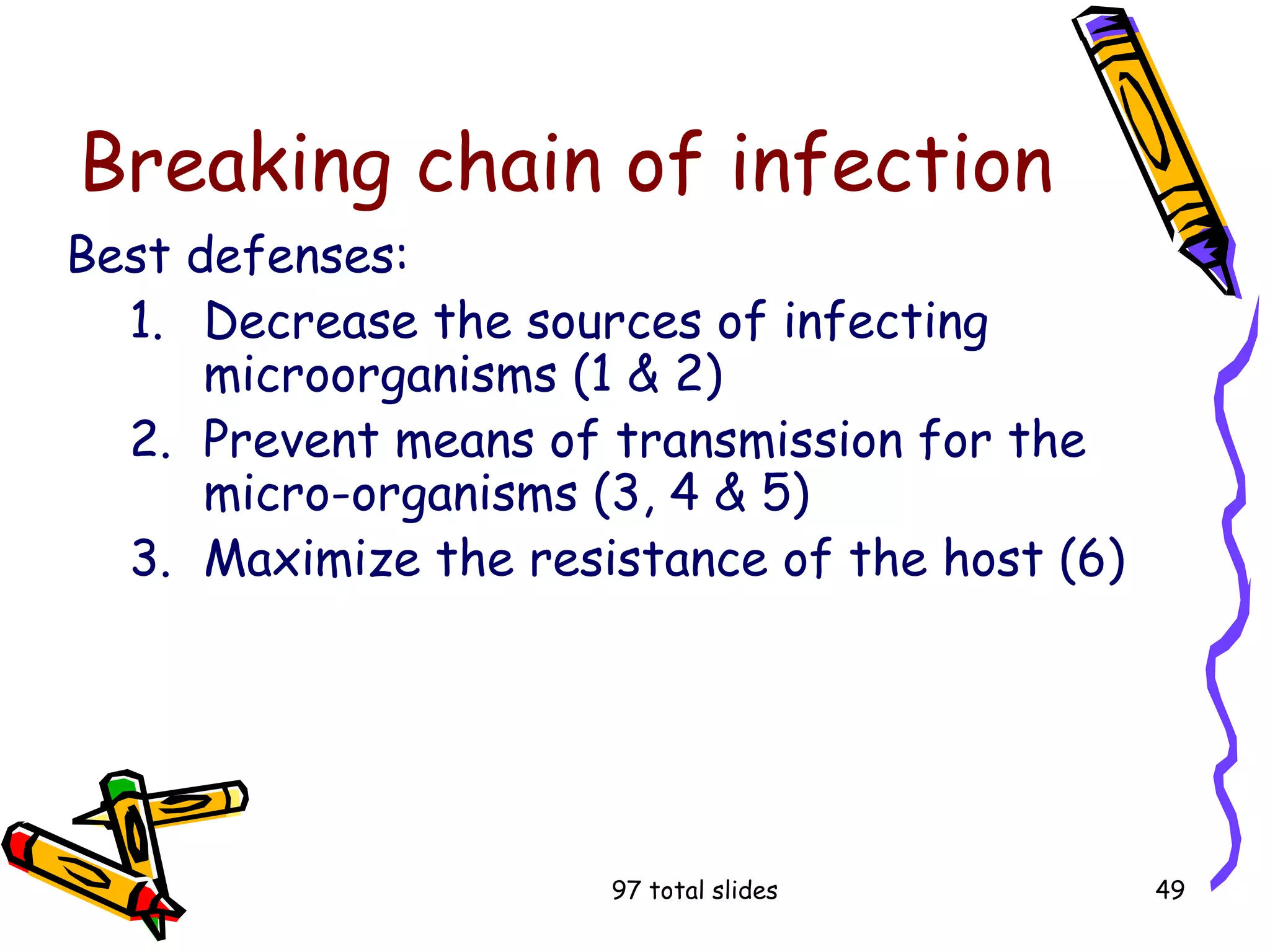 97 total slides 49
Breaking chain of infection
Best defenses:
1. Decrease the sources of infecting
microorganisms (1 & 2)
2. Prevent means of transmission for the
micro-organisms (3, 4 & 5)
3. Maximize the resistance of the host (6)
 
