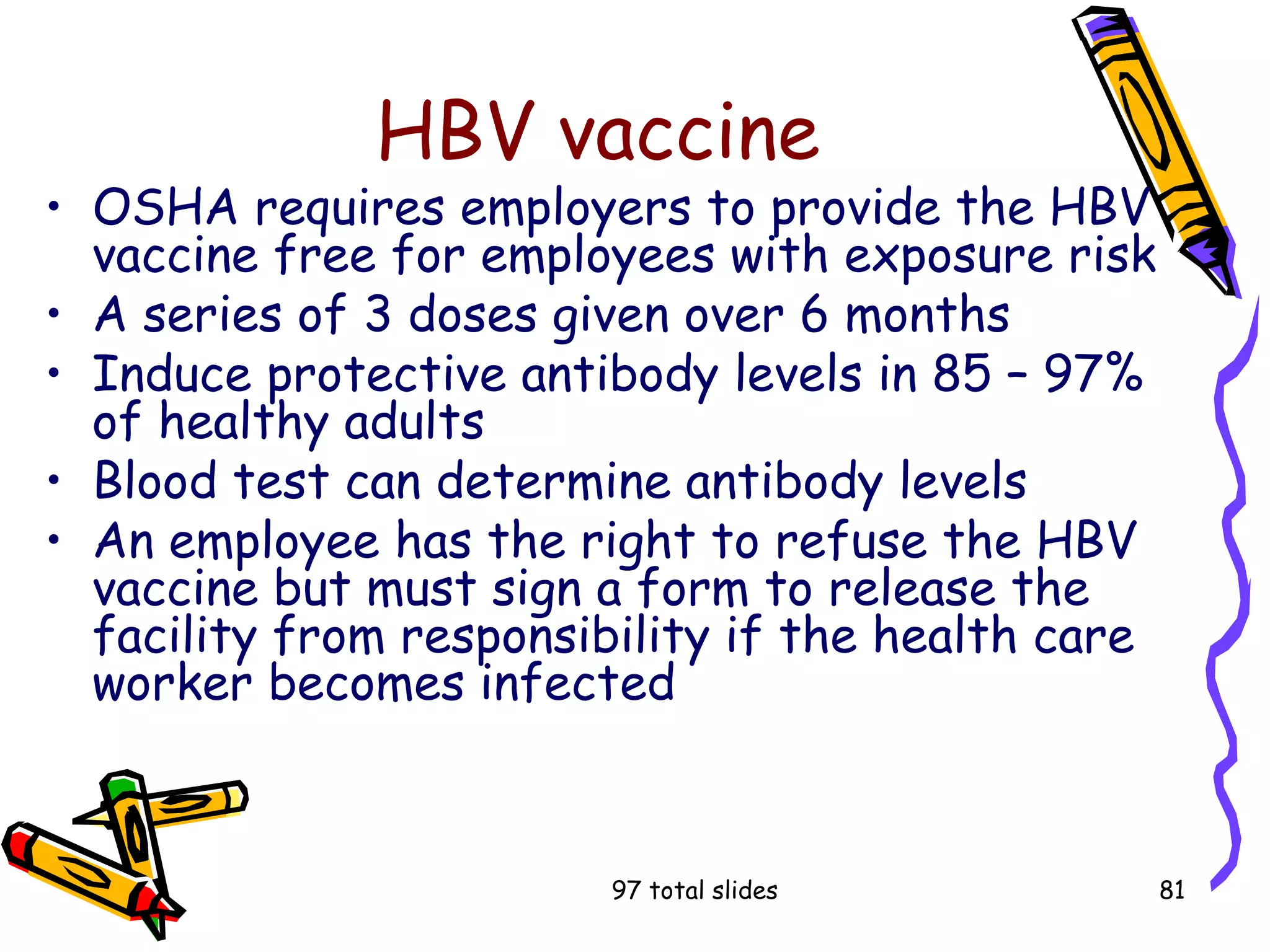 97 total slides 81
HBV vaccine
• OSHA requires employers to provide the HBV
vaccine free for employees with exposure risk
• A series of 3 doses given over 6 months
• Induce protective antibody levels in 85 – 97%
of healthy adults
• Blood test can determine antibody levels
• An employee has the right to refuse the HBV
vaccine but must sign a form to release the
facility from responsibility if the health care
worker becomes infected
 