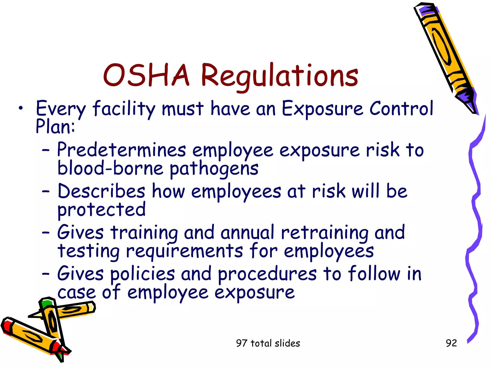 97 total slides 92
OSHA Regulations
• Every facility must have an Exposure Control
Plan:
– Predetermines employee exposure risk to
blood-borne pathogens
– Describes how employees at risk will be
protected
– Gives training and annual retraining and
testing requirements for employees
– Gives policies and procedures to follow in
case of employee exposure
 