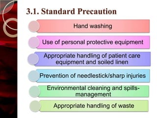 3.1. Standard Precaution
               Hand washing

    Use of personal protective equipment

    Appropriate handling of patient care
        equipment and soiled linen

   Prevention of needlestick/sharp injuries

     Environmental cleaning and spills-
              management
        Appropriate handling of waste
 