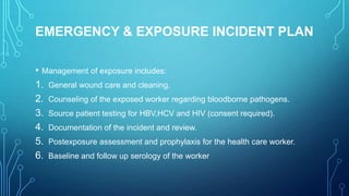 EMERGENCY & EXPOSURE INCIDENT PLAN
• Management of exposure includes:
1. General wound care and cleaning.
2. Counseling of the exposed worker regarding bloodborne pathogens.
3. Source patient testing for HBV,HCV and HIV (consent required).
4. Documentation of the incident and review.
5. Postexposure assessment and prophylaxis for the health care worker.
6. Baseline and follow up serology of the worker

 
