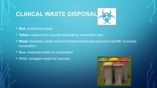 CLINICAL WASTE DISPOSAL
• Red: Anatomical waste

• Yellow: waste which requires disposal by incineration only
• Black: Domestic waste minimum treatment/disposal required is landfill, municipal
incineration.

• Blue: medicinal waste for incineration
• White: amalgam waste for recovery.

 