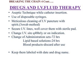 DRUGS AND I.V.FLUID THERAPY
• Aseptic Technique while catheter insertion.
• Use of disposable syringes.
• Meticulous cleaning of I.V puncture with
spirit.(3swab method)
• Secure I.V. lines, well cover them with sterile pad.
• Change I.V. site q48hrly or on indication.
• Change of Administration sets-72 hrs
Lipid based solutions-24 hrs
Blood products-discard after use
• Keep them labeled with date and drug name.
BREAKING THE CHAIN 4 Cont…..
 