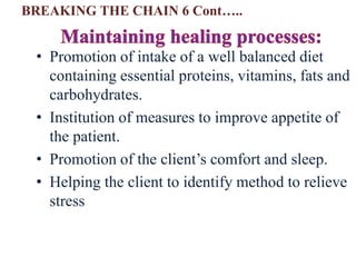 • Promotion of intake of a well balanced diet
containing essential proteins, vitamins, fats and
carbohydrates.
• Institution of measures to improve appetite of
the patient.
• Promotion of the client’s comfort and sleep.
• Helping the client to identify method to relieve
stress
BREAKING THE CHAIN 6 Cont…..
 