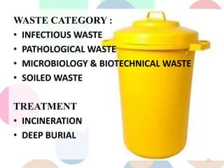 WASTE CATEGORY :
• INFECTIOUS WASTE
• PATHOLOGICAL WASTE
• MICROBIOLOGY & BIOTECHNICAL WASTE
• SOILED WASTE
TREATMENT
• INCINERATION
• DEEP BURIAL
73
 