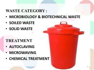 WASTE CATEGORY :
• MICROBIOLOGY & BIOTECHNICAL WASTE
• SOILED WASTE
• SOLID WASTE
TREATMENT
• AUTOCLAVING
• MICROWAVING
• CHEMICAL TREATMENT
74
 