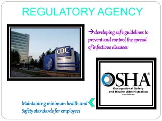 REGULATORY AGENCY
developing safe guidelines to
prevent and control the spread
of infectious diseases
Maintaining minimumhealthand
Safetystandards for employees
 
