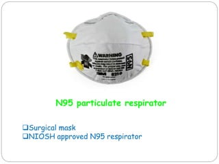 N95 particulate respirator
Surgical mask
NIOSH approved N95 respirator
 