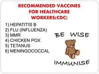 RECOMMENDED VACCINES
FOR HEALTHCARE
WORKERS(CDC)
1) HEPATITIS B
2) FLU (INFLUENZA)
3) MMR
4) CHICKEN POX
5) TETANUS
6) MENINGOCOCCAL
 