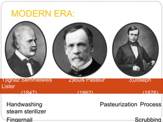 MODERN ERA:
Handwashing Pasteurization Process
steam sterilizer
Fingernail Scrubbing
1)Ignaz Semmelweis 2)louis Pasteur 3)Joseph
Lister
(1847) (1862) (1876)
 