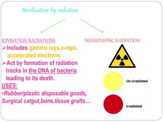 Sterilisation by radiation
IONISATION RADIATIONS
Includes gamma rays,x-rays,
accelerated electrons
Act by formation of radiation
tracks in the DNA of bacteria
leading to its death.
USES:
•Rubber/plastic disposable goods,
Surgical catgut,bone,tissue grafts…
NONIONISING RADIATION
 