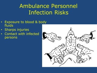 Ambulance Personnel
Infection Risks
• Exposure to blood & body
fluids
• Sharps injuries
• Contact with infected
persons
 