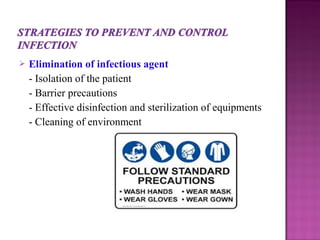  Elimination of infectious agent
- Isolation of the patient
- Barrier precautions
- Effective disinfection and sterilization of equipments
- Cleaning of environment
 