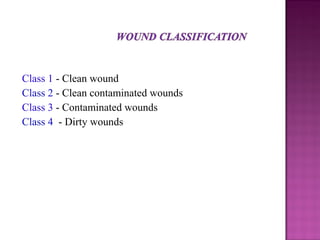 Class 1 - Clean wound
Class 2 - Clean contaminated wounds
Class 3 - Contaminated wounds
Class 4 - Dirty wounds
 