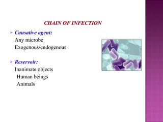  Causative agent:
Any microbe
Exogenous/endogenous
 Reservoir:
Inanimate objects
Human beings
Animals
 