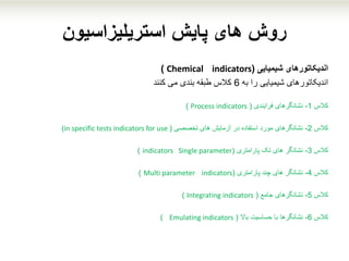 ‫پایش‬ ‫های‬ ‫روش‬‫استریلیزاسیون‬
‫اندیکاتورهای‬‫شیمیایی‬(Chemical indicators)
‫اندیکاتورهای‬‫به‬ ‫را‬ ‫شیمیایی‬6‫کنند‬ ‫می‬ ‫بندی‬ ‫طبقه‬ ‫کالس‬
‫کالس‬1-‫فرایندی‬ ‫نشانگرهای‬(Process indicators)
‫کالس‬2-‫تخصصی‬ ‫های‬ ‫آزمایش‬ ‫در‬ ‫استفاده‬ ‫مورد‬ ‫نشانگرهای‬((in specific tests indicators for use
‫کالس‬3-‫پارامتری‬ ‫تک‬ ‫های‬ ‫نشانگر‬(indicators Single parameter)
‫کالس‬4-‫پارامتری‬ ‫چند‬ ‫های‬ ‫نشانگر‬(indicatorsMulti parameter)
‫کالس‬5-‫جامع‬ ‫نشانگرهای‬(Integrating indicators)
‫کالس‬6-‫باال‬ ‫حساسیت‬ ‫با‬ ‫نشانگرها‬(Emulating indicators)
 
